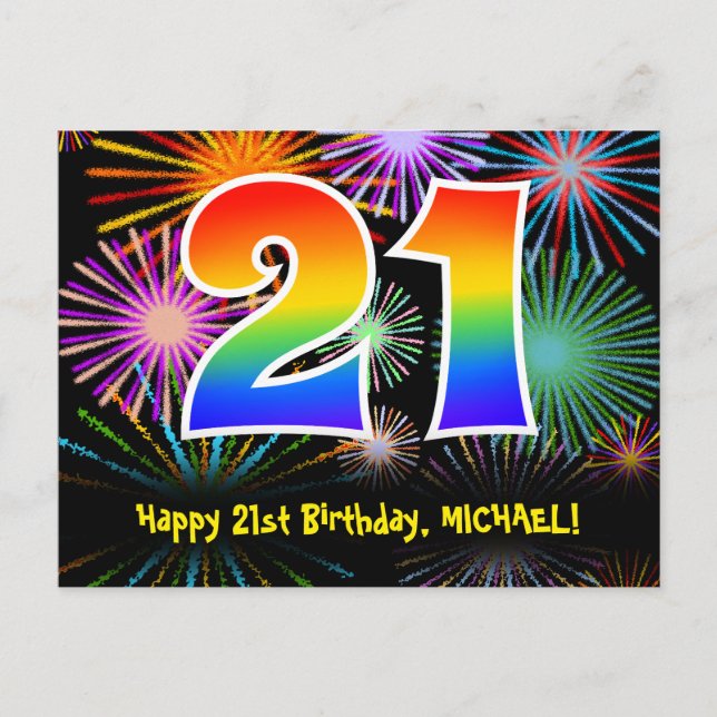 21st Birthday – Fun Fireworks Pattern + Rainbow 21 Postcard (Front)