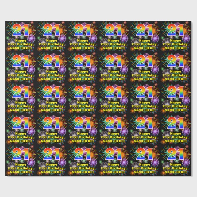 21st Birthday: Fun Fireworks, Rainbow Look # “21” Wrapping Paper (Flat)