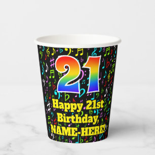 21st Birthday: Fun Music Notes Pattern, Rainbow 21 Paper Cups