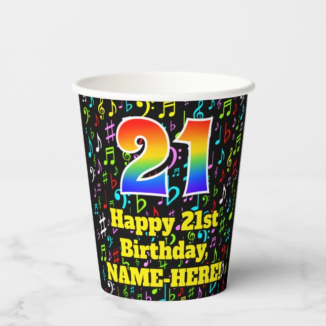 21st Birthday: Fun Music Notes Pattern, Rainbow 21 Paper Cups (Back)