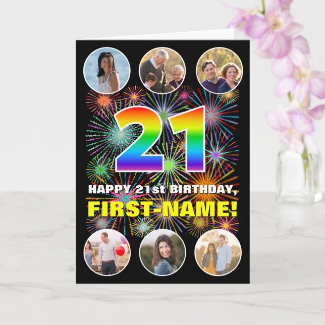 21st Birthday: Fun Rainbow #, Custom Name & Photos Card (Orchid)