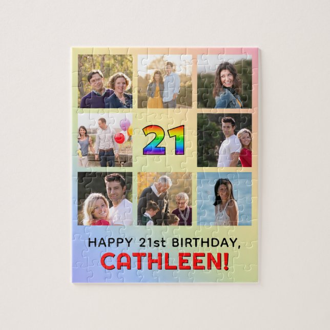 21st Birthday: Fun Rainbow #, Custom Name & Photos Jigsaw Puzzle (Vertical)