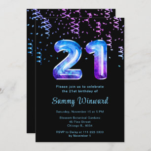 21st Birthday Galaxy Balloons with Confetti Invitation