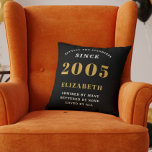 21st Birthday Gift Personalized 2005 Black Gold Cushion<br><div class="desc">Celebrate a remarkable milestone with this elegant and modern Personalized 21st Birthday Throw Pillow, the perfect gift for someone born in 2005 This custom accent pillow features the striking, bold text "BORN 2005", for that person loved for 21 years (and counting) and allows you to add a custom name (e.g....</div>