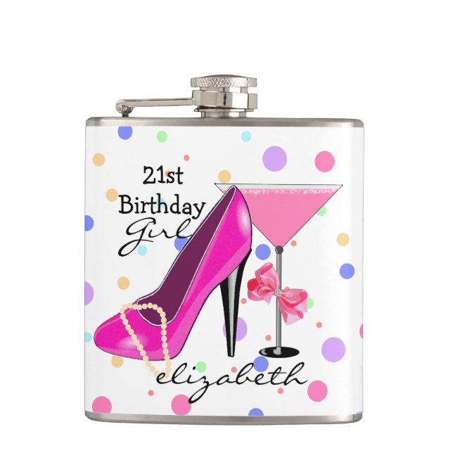 21st Birthday Girl Pink High Heel Personalised Hip Flask (Front)