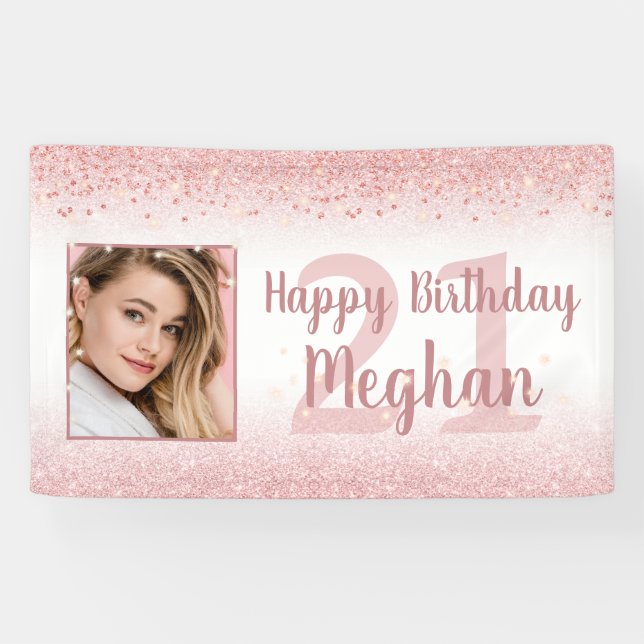 21st Birthday Girly Glam Rose Gold Glitter Photo Banner (Horizontal)