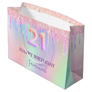 21st birthday glitter pink drips holographic large gift bag