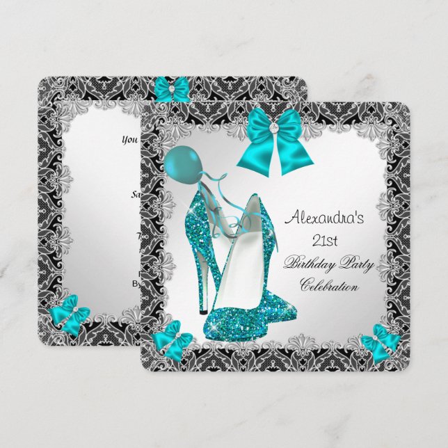 21st Birthday Glitter Teal Blue High Heel Silver Invitation (Front/Back)