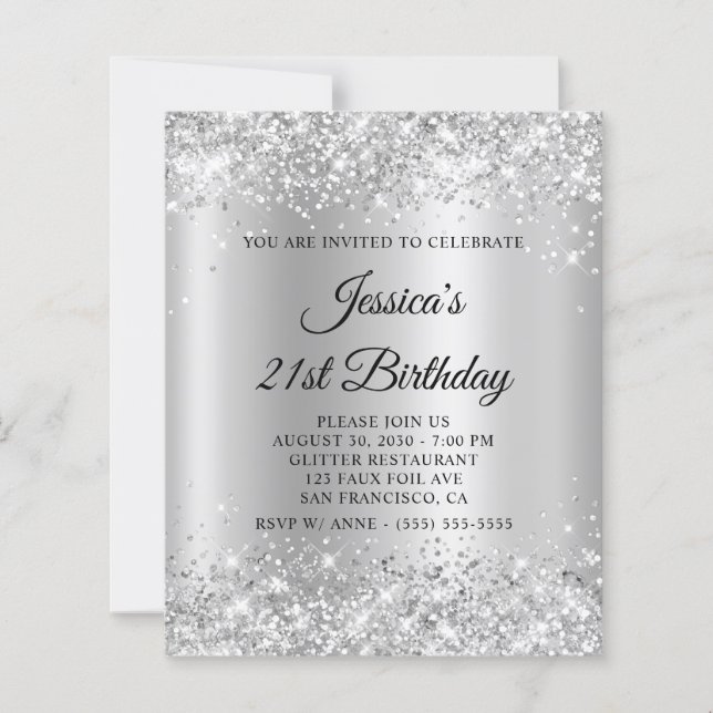 21st Birthday Glittery Silver Shimmer Invite (Front)