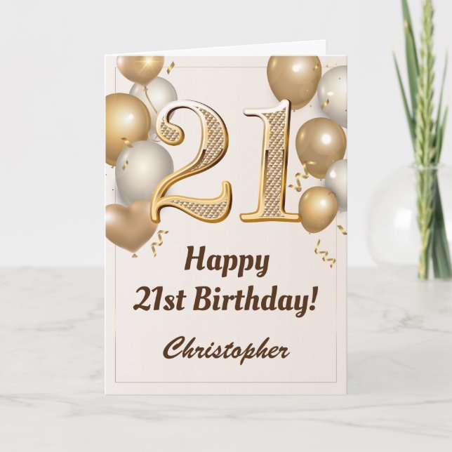 21st Birthday Gold Balloons and Confetti Birthday Card (Front)