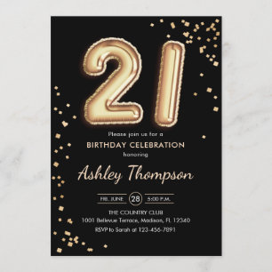 21st Birthday - Gold Balloons Black Invitation