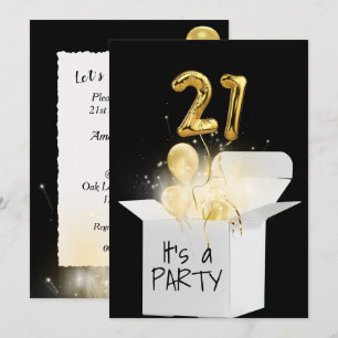 21st Birthday Gold Balloons In White Box   Invitation