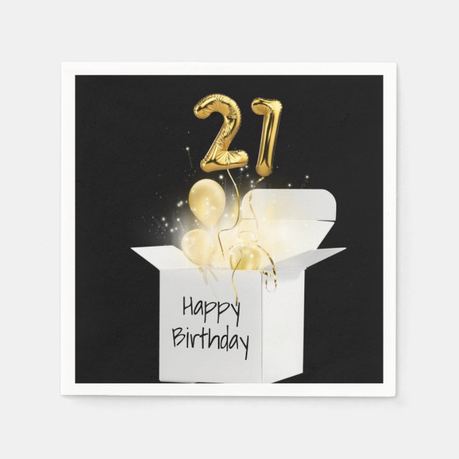 21st Birthday Gold Balloons In White Box  Napkin (Front)