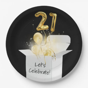 21st Birthday Gold Balloons In White Box Paper Plate