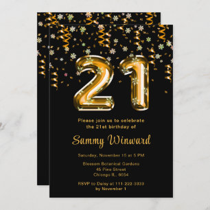 21st Birthday Gold Balloons Snowflake Confetti Invitation
