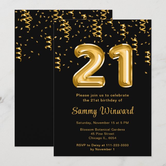 21st Birthday Gold Balloons with Confetti Invitation (Front/Back)