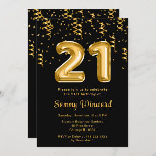 21st Birthday Gold Balloons with Confetti Invitation