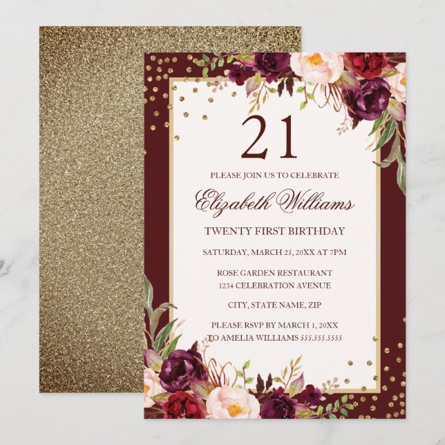 21st Birthday Gold Burgundy Floral Invitation (Front/Back)