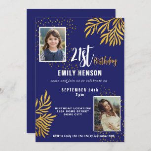 21st Birthday Gold Foliage 2 Photo Party Invitation