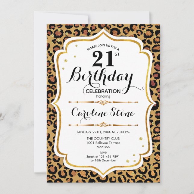 21st Birthday - Gold Leopard Print Invitation (Front)
