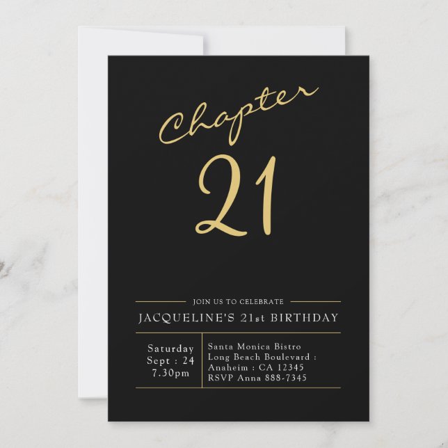 21st Birthday Gold Modern Script Black Invitation (Front)
