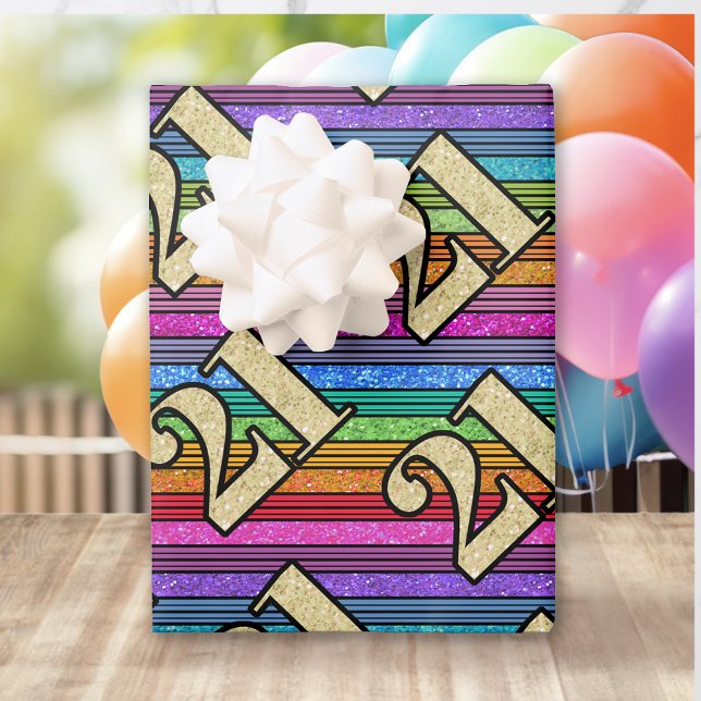 21st Birthday Gold Numbers Glitter Rainbow Stripe  Wrapping Paper Sheet (Creator Uploaded)