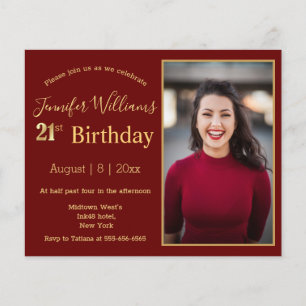 21st birthday gold script photo red invitation