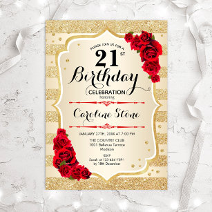 21st Birthday - Gold Stripes Roses Invitation