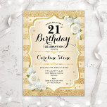 21st Birthday - Gold Stripes White Roses Invitation<br><div class="desc">21st Birthday Invitation. Elegant floral design in gold and white. Features faux glitter gold stripes,  white roses stylish script font and confetti. Perfect for a glam birthday party.</div>