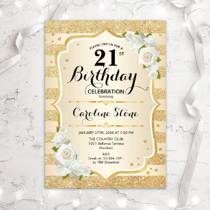21st Birthday - Gold Stripes White Roses Invitation