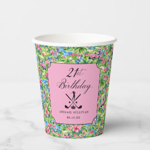 21st Birthday Golf Pink Green Preppy Print Paper Cups