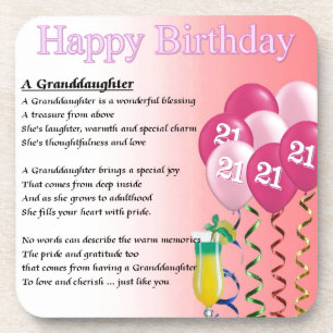 21st Birthday Granddaughter Poem Coaster