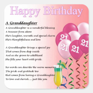 21st Birthday Granddaughter Poem Square Sticker