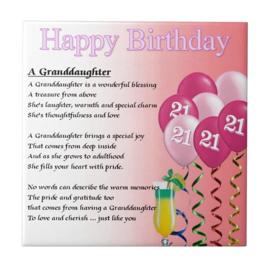 21st Birthday Granddaughter Poem Tile Zazzle Co Uk