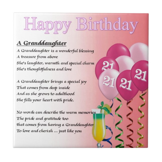 21st Birthday Granddaughter Poem Tile (Front)
