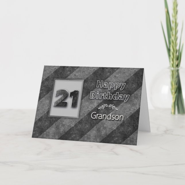 21st BIRTHDAY, Grandson, Grunge Grey Stripes Card (Front)