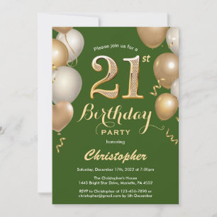 21st Birthday Green and Gold Balloons Confetti Invitation