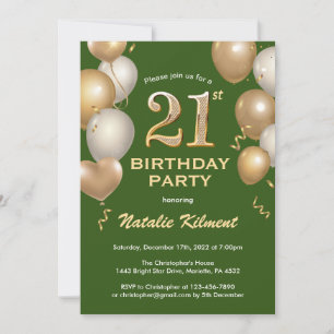 21st Birthday Green and Gold Glitter Balloons Invitation