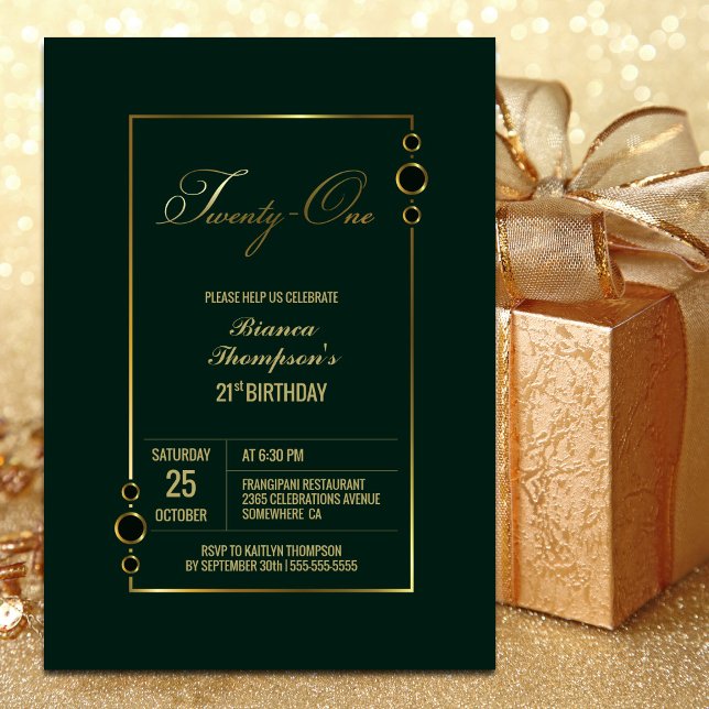 21st Birthday Green with Gold Frame Party Invitation (Creator Uploaded)