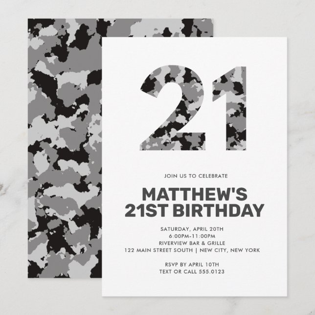 21ST Birthday, Grey Camo Personalised Invitation (Front/Back)