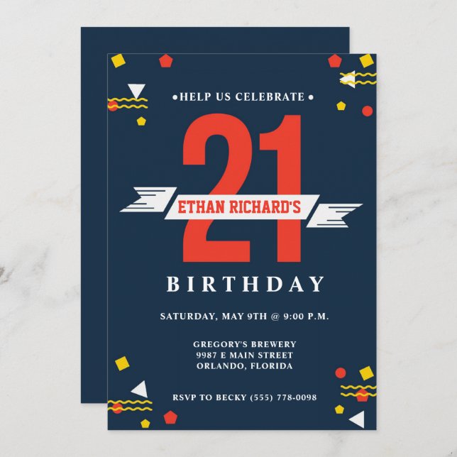 21st Birthday Guys Navy Blue Brewery Party Invite (Front/Back)