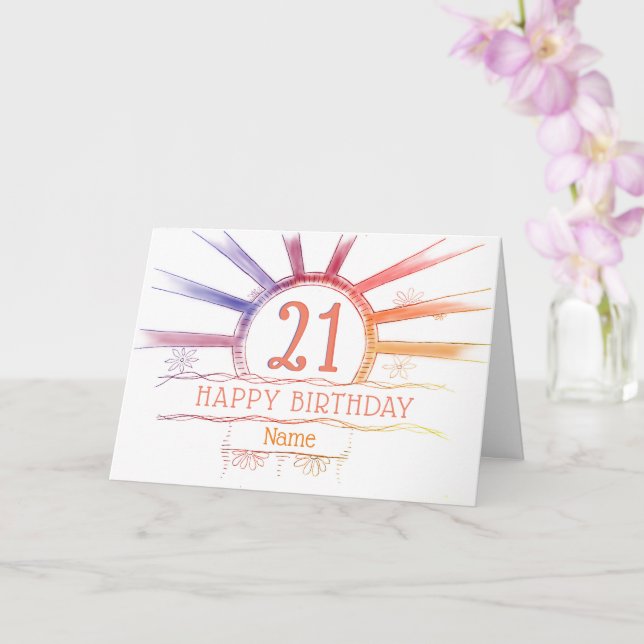 21st Birthday - hand drawn multi-coloured sunburst Card (Orchid)