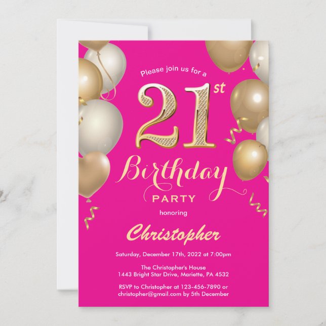 21st Birthday Hot Pink and Gold Balloons Confetti Invitation (Front)