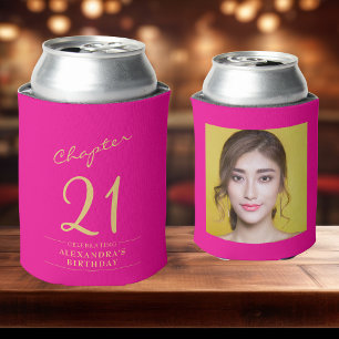 21st Birthday Hot Pink Gold Photo Template Can Cooler