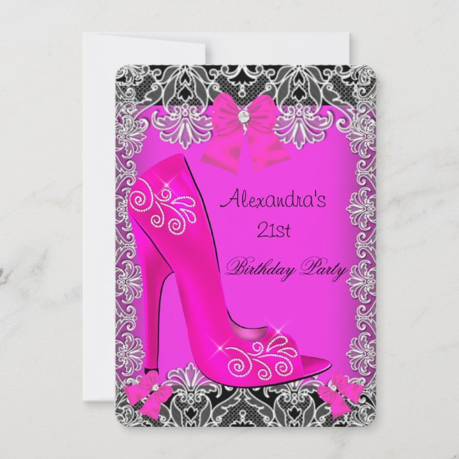 21st Birthday Hot Pink High Heel Shoe Lace 3 Invitation (Front)