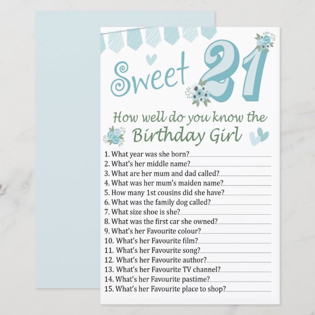 21st birthday How well do you know the birthday (Front/Back)