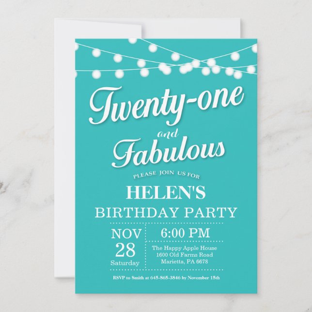 21st Birthday Invitation Aqua Turquoise Fabulous (Front)