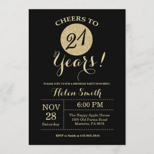 21st Birthday Invitation Black and Gold Glitter