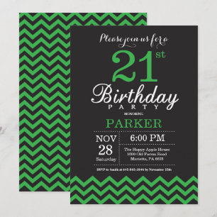 21st Birthday Invitation Black and Green Chevron