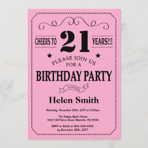 21st Birthday Invitation Black and Pink